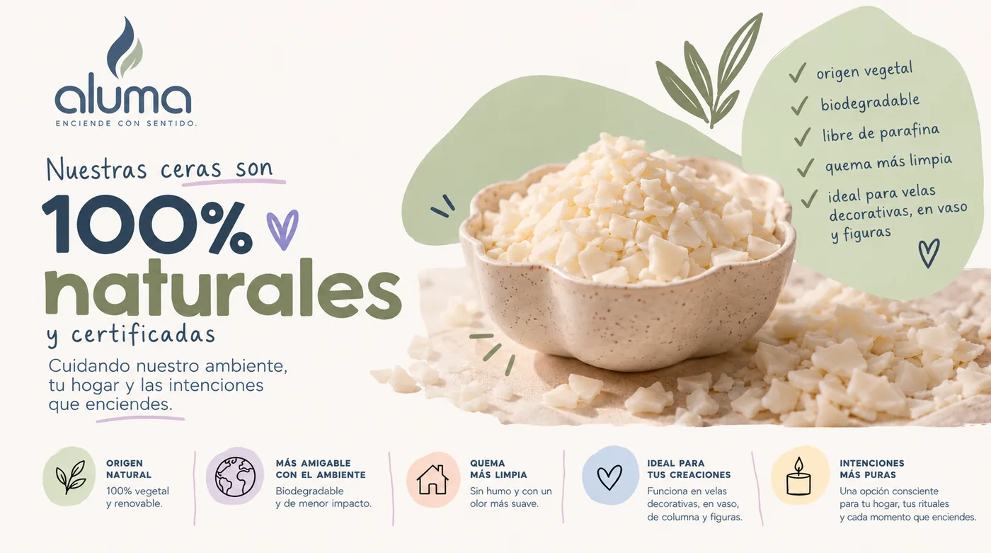 Infografía de Aluma: nuestras ceras de soya son 100 % naturales, de origen vegetal, biodegradables, sin parafina y de quema más limpia