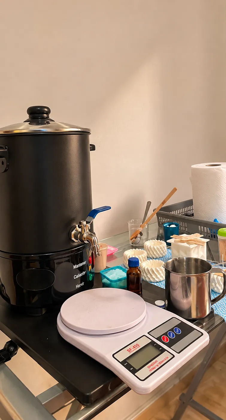 Mesa del taller lista con la olla de cera, la balanza y los moldes
