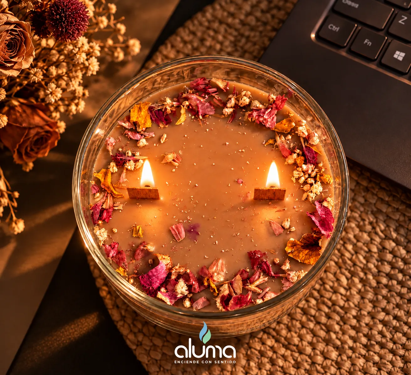 Vela en cuenco de vidrio con corona de flores secas y dos pabilos de madera encendidos
