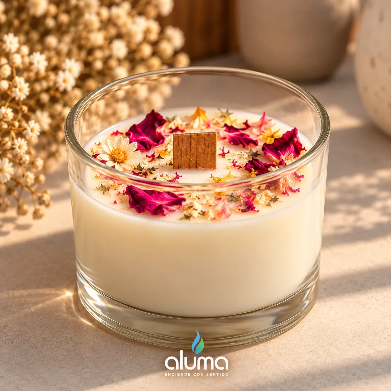 Vela blanca en vaso de vidrio con flores secas y pabilo de madera