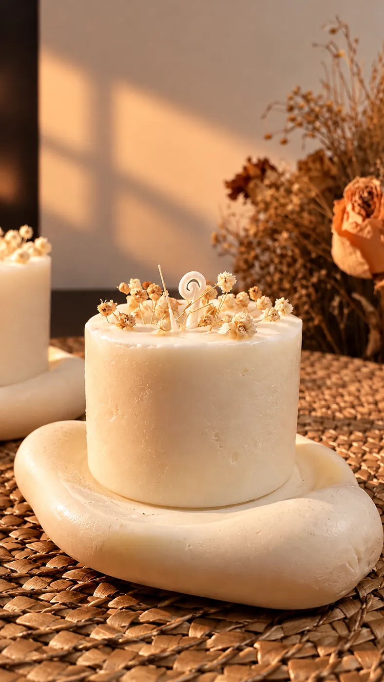 Vela cilíndrica blanca con flores secas sobre una bandeja de yeso