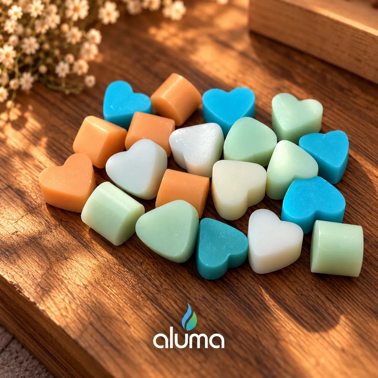 Corazones y cilindros pequeños de cera en azul, verde, naranja y blanco