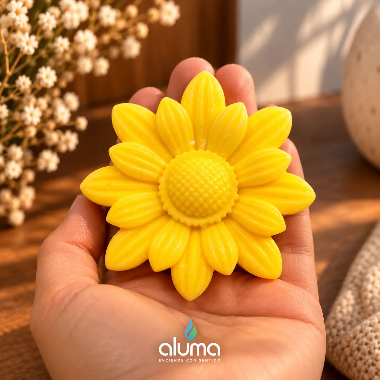 Vela con forma de girasol amarillo en la palma de una mano