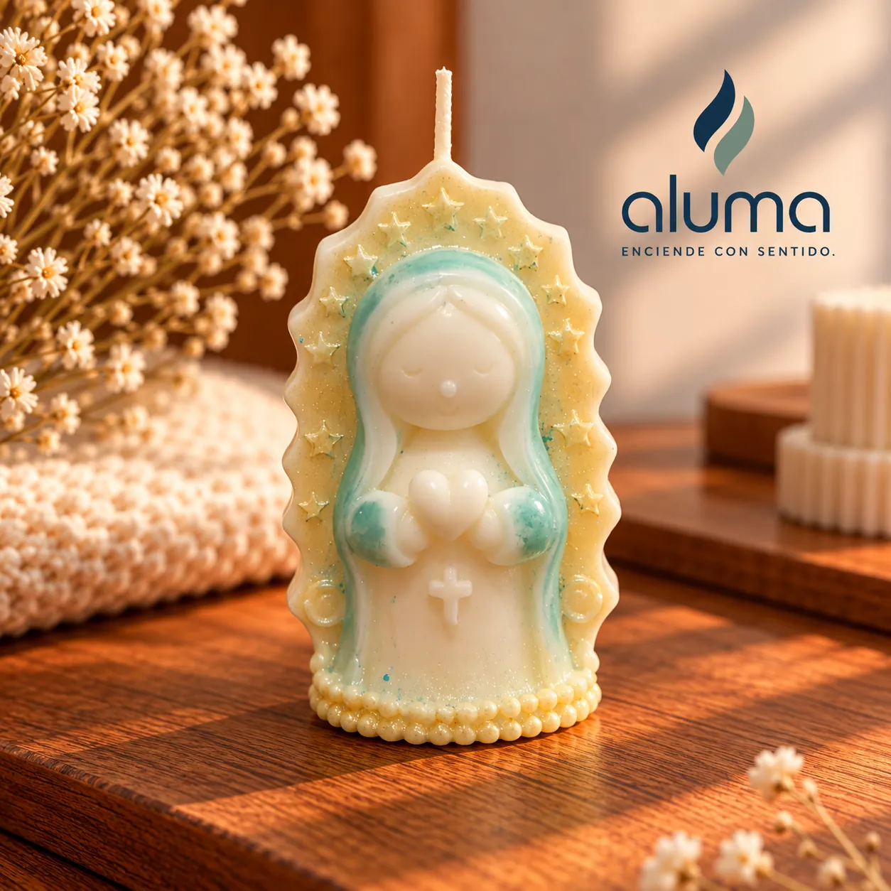 Vela Virgen de estrellas con detalles de color verde agua y dorado