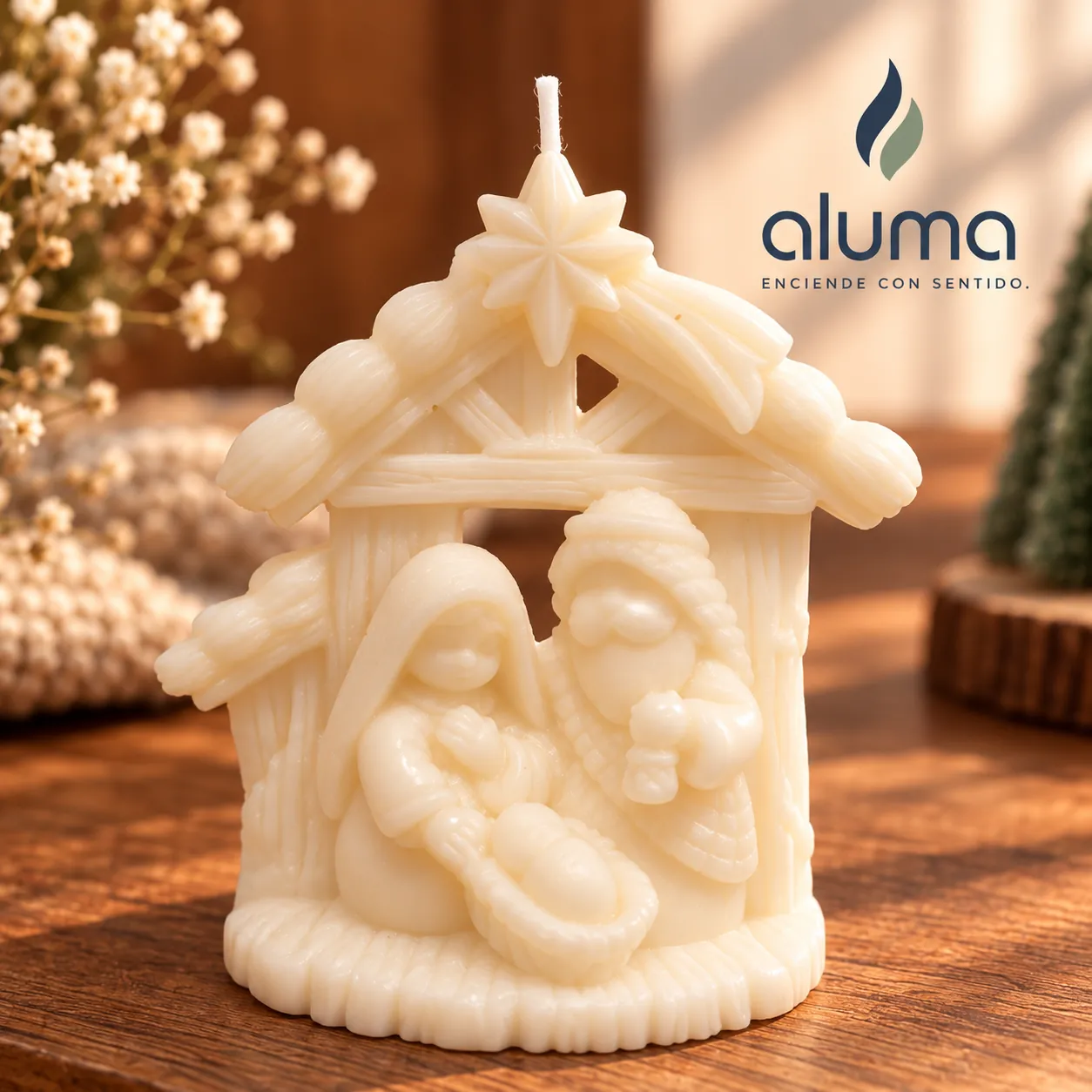 Vela con forma de pesebre con la Sagrada Familia y una estrella, en color crema