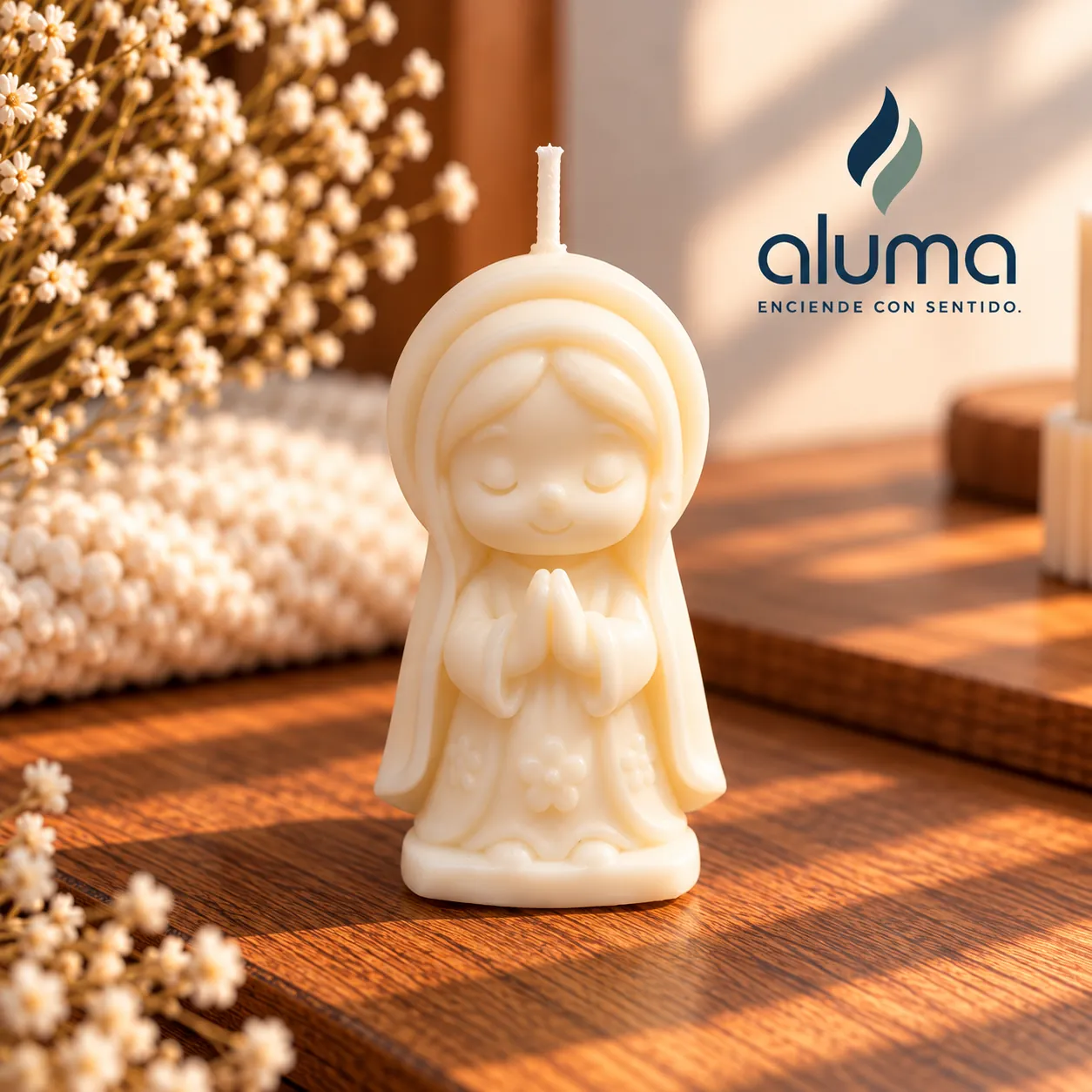 Vela con forma de Virgen con las manos juntas en oración, en color crema